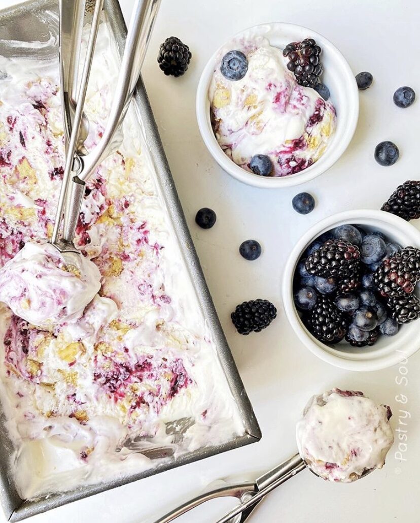 ice cream in a pan and berries in ramekins