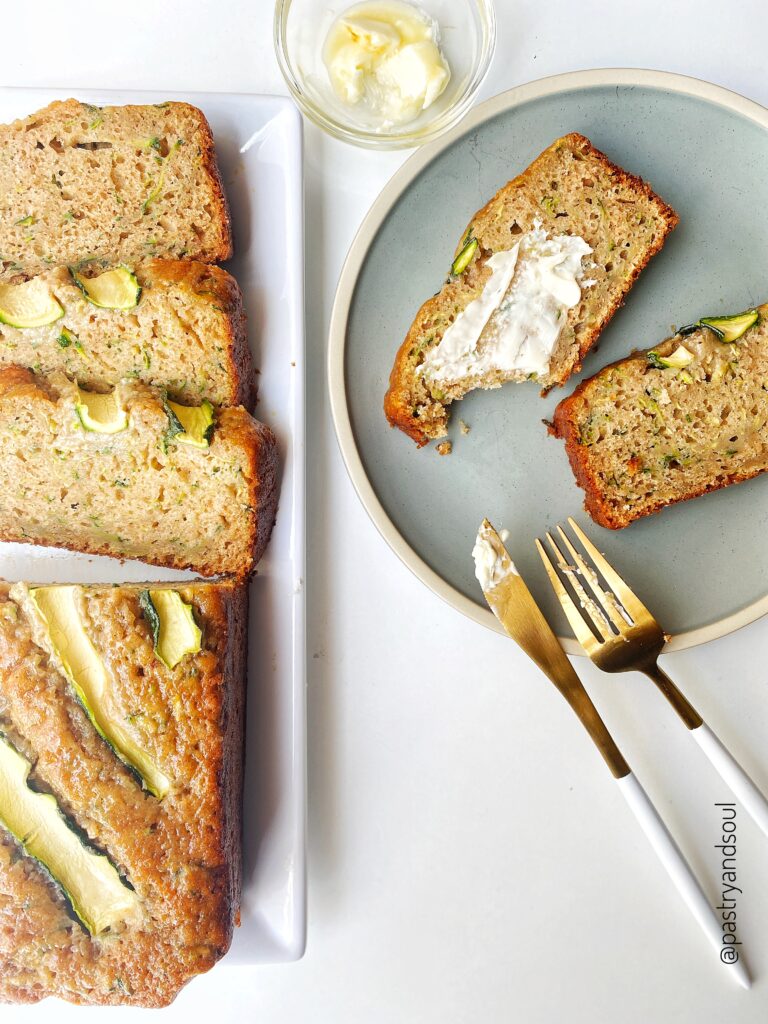 sliced zucchini bread on plates with a fork and knife