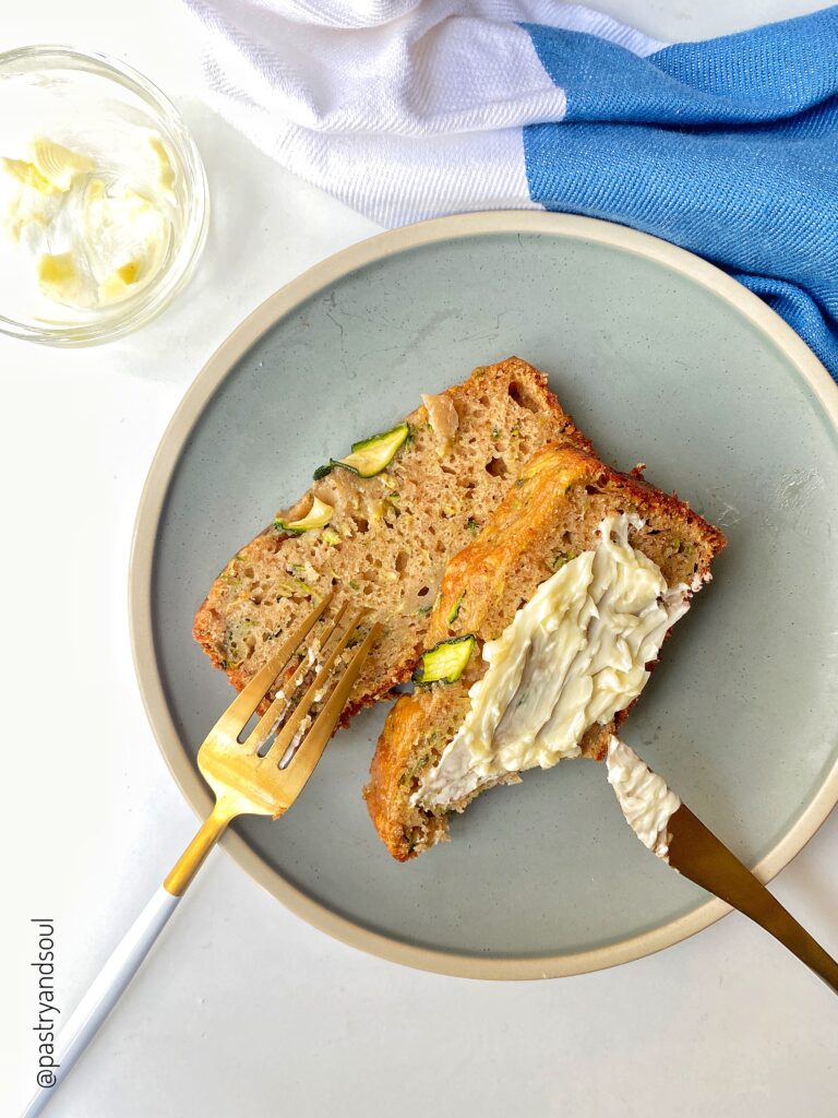 sliced zucchini bread on a plate with a fork and knife