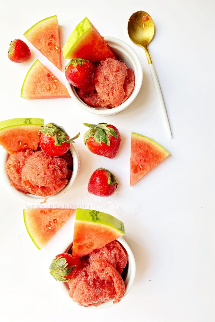 Watermelon strawberry and basil sorbet